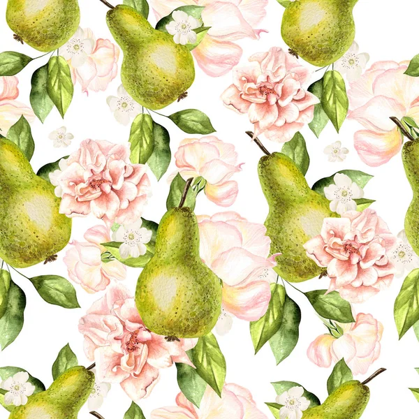 Wunderschönes Aquarellmuster mit Birnen und Blüten von Rosen und Pfingstrosen. — Stockfoto