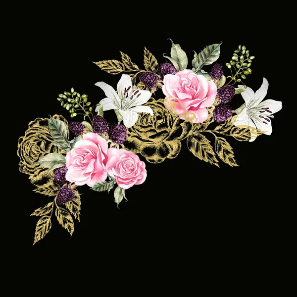 Wreath with gold graphic and watercolor flowers. Rose, lily and berries. — Stock Photo, Image