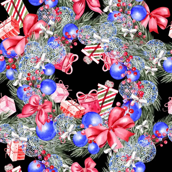 Καλά Χριστούγεννα χωρίς ραφή πρότυπο με ακουαρέλα χριστουγεννιάτικο δέντρο, Χειροποίητη μπάλες μπλε χρώματα, δώρα και παιχνίδια. — Φωτογραφία Αρχείου
