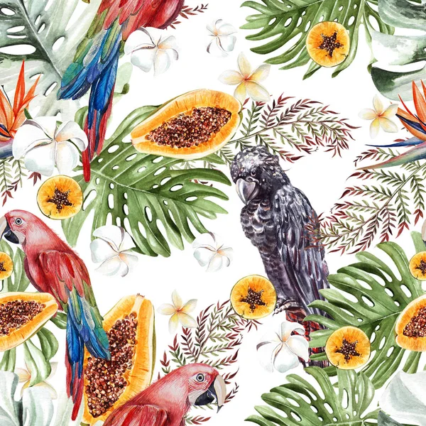 Beautiful watercolor tropical pattern with leaves, fruits and parrots.