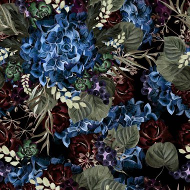 Ortanca çiçek, gül, succulents ve yaprakları ile renkli sulu boya desen. 