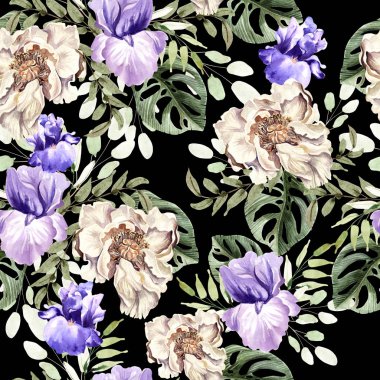 Suluboya deseni çiçekler şakayık ve iris ile tropikal yaprak. 