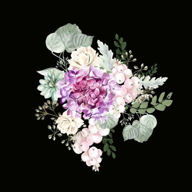 Ortanca çiçek, gül, etli bitkiler, suluboya buket çilek ve yaprakları. 