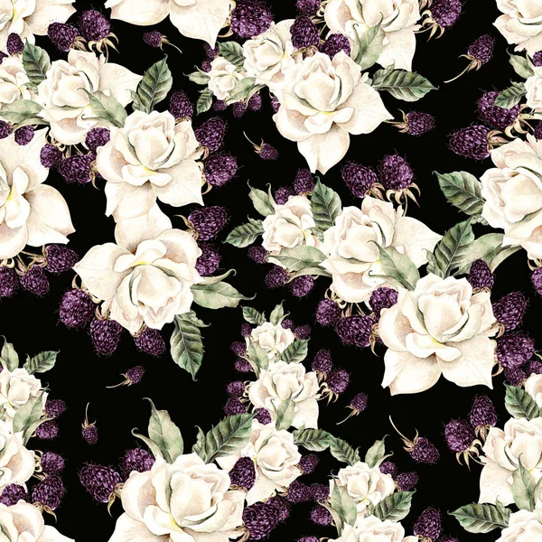 Schöne Aquarell nahtlose Muster mit Blumen von Rose und Beere. — Stockfoto