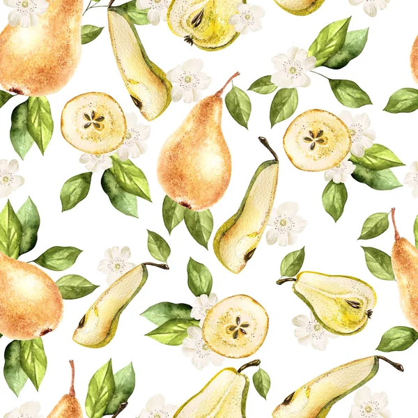 Watercolor Pattern with pears and flowers. — Stock Photo, Image