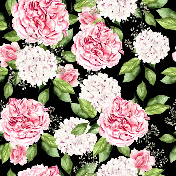 Beautiful bright watercolor pattern with peony and hydrangea flowers. — Stock Photo, Image