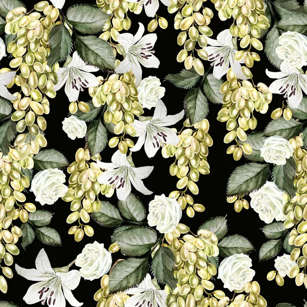 Wunderschönes Aquarellmuster mit Trauben und Blüten von Rose, Lilie. — Stockfoto