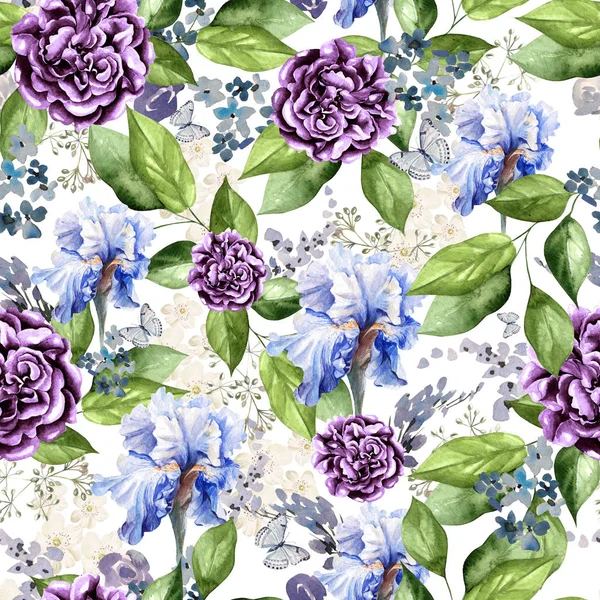 Mooie heldere aquarel patroon met bloemen van iris, peony en lavendel. — Stockfoto