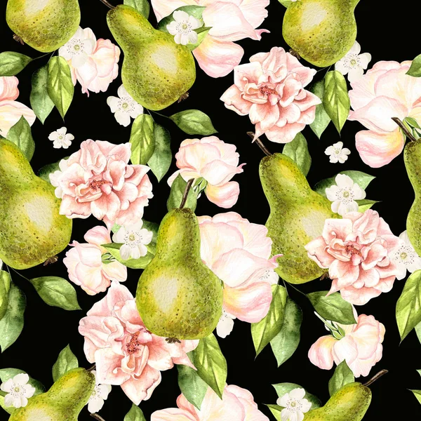 Beautiful watercolor pattern with pears and flowers of roses and peonies. — Stock Photo, Image