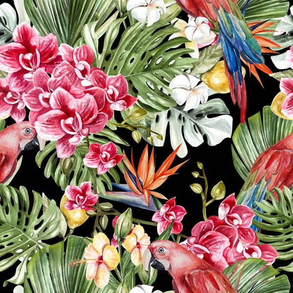 Wunderschönes tropisches Aquarell mit Blättern, Blüten, Früchten und Papageien. — Stockfoto