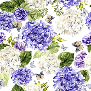 Hudrangea ve eustoma çiçekler suluboya desenle. El boyama. Suluboya. Kumaş, kağıt ve diğer baskı ve web projeleri için seamless modeli.