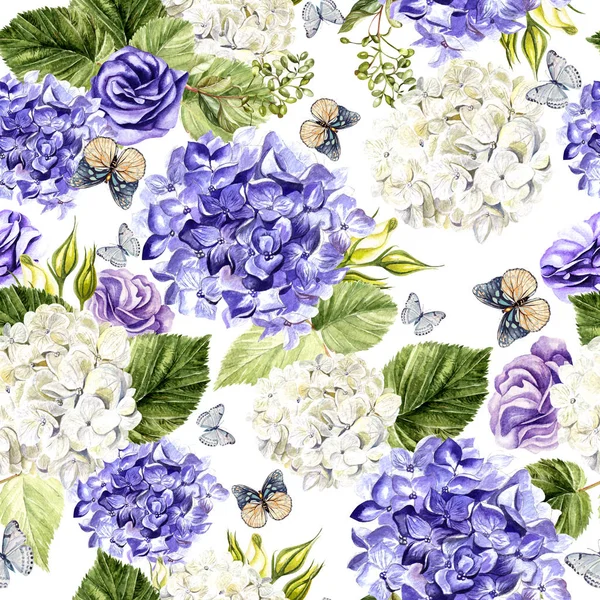 Hudrangea 및 eustoma 꽃 수채화 패턴입니다. 손 그림입니다. 수채화입니다. 직물, 종이 및 다른 인쇄 및 웹 프로젝트에 대 한 완벽 한 패턴. — 스톡 사진