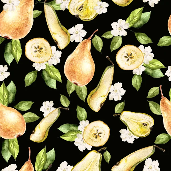 Watercolor Pattern with pears and flowers. — Stock Photo, Image