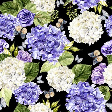 Hudrangea ve eustoma çiçekler suluboya desenle. El boyama. Suluboya. Kumaş, kağıt ve diğer baskı ve web projeleri için seamless modeli.