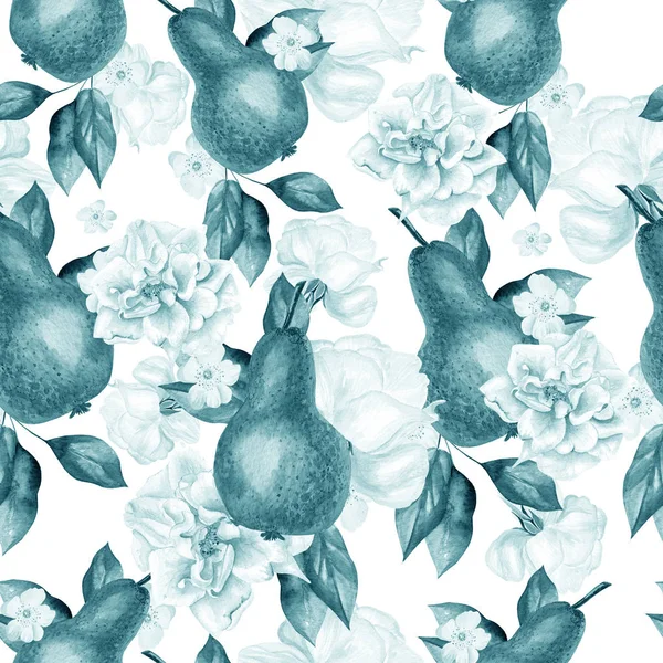 Wunderschönes Aquarellmuster mit Birnen und Blüten von Rosen und Pfingstrosen. — Stockfoto