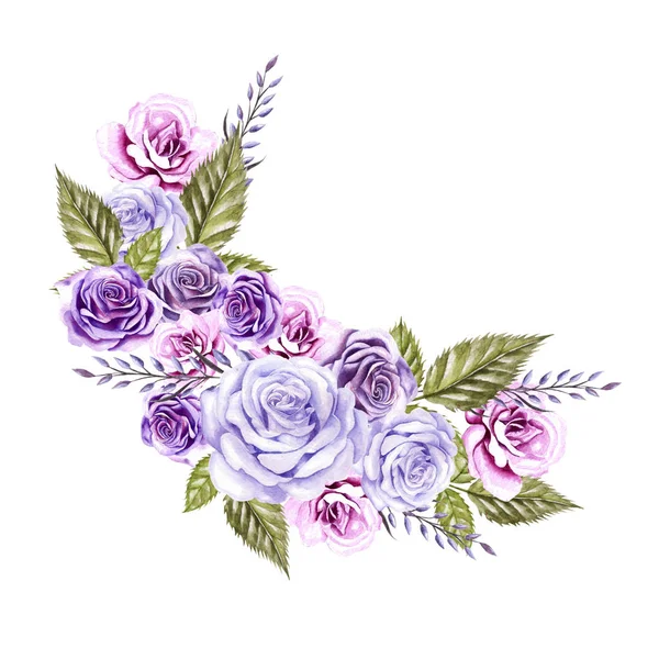 Akvarelu věnec s květy růží a levandule. — Stock fotografie