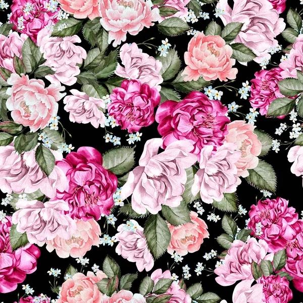 Prachtige aquarel patroon met bloemen van de pioenroos. — Stockfoto