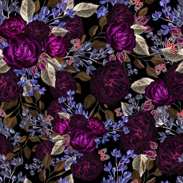 Seamless mönster med akvarell syren och rosor blommor. — Stockfoto