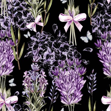 Lavanta ve grafik hudrangea suluboya desenle. El boyama. Kumaş, kağıt ve diğer baskı ve web projeleri için seamless modeli. 