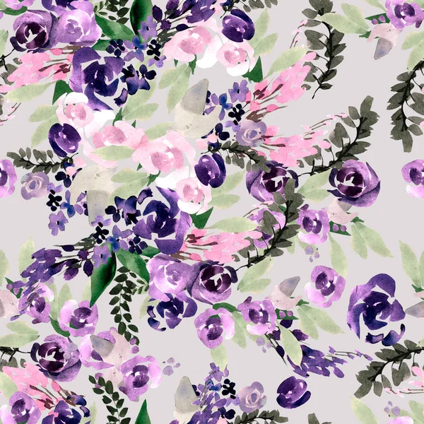 Bellissimo modello ad acquerello con fiori viola e rosa . — Foto Stock