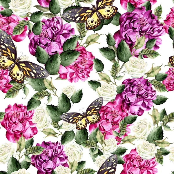 Watercolor pattern with green leaves, peony and roses flowers.