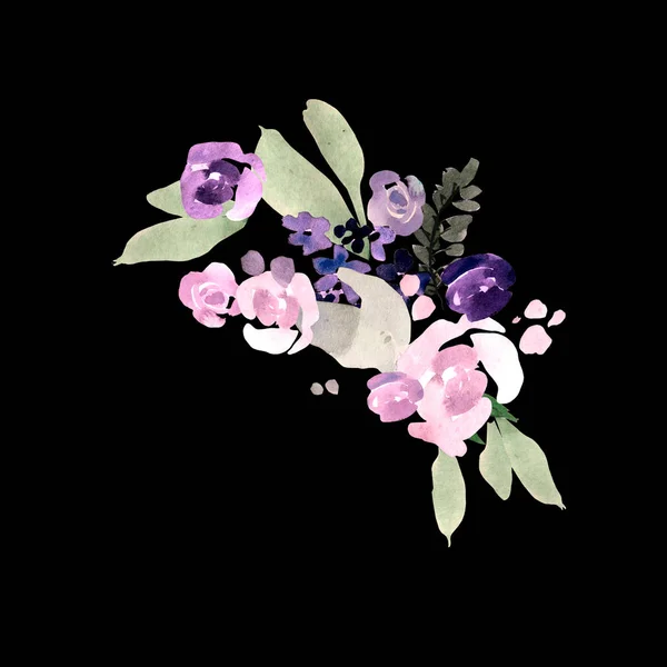 Gyönyörű akvarell menyasszonyi csokor, lila virágok. — Stock Fotó