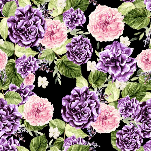 Wunderschönes Aquarellmuster mit Blüten Rose und Eukalyptus, Blättern, Lavendel. — Stockfoto