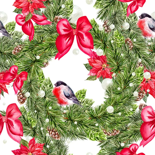 Vacker akvarell jul mönster med domherre fåglar, kottar och julgran. — Stockfoto