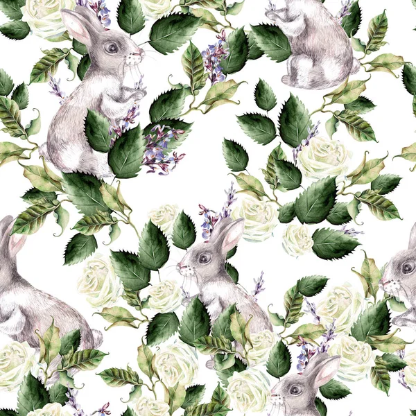 ファニー banny、緑の葉とラベンダーの花の水彩画のパターン. — ストック写真