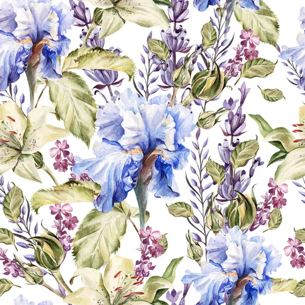 Aquarellmuster mit Blüten Iris, Lavendel, Rosen, Knospen und Blütenblättern. — Stockfoto