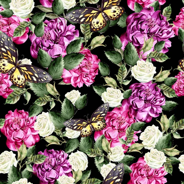 Akvarell mönster med gröna blad, pion och rosor blommor. — Stockfoto