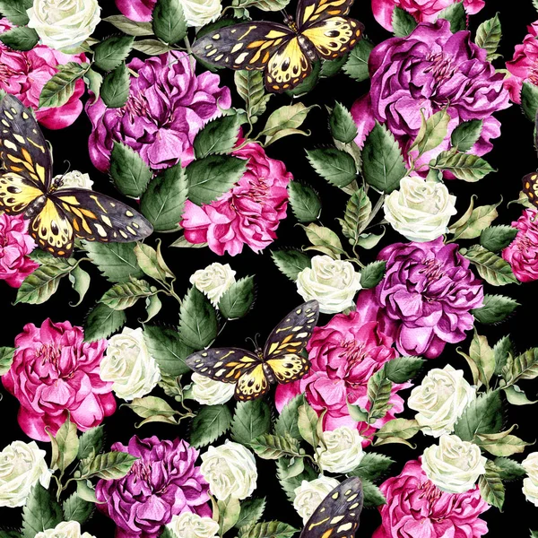 Watercolor pattern with green leaves, peony and roses flowers.