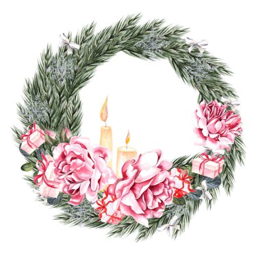 Gül, mumlar, çam ile suluboya Noel çelenk. 