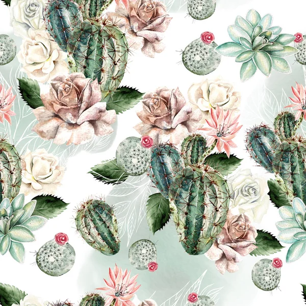 Akvarell mönster med kaktus och rose . — Stockfoto