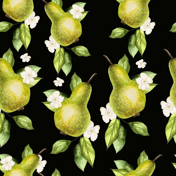 Aquarellmuster mit Birnen und Blumen. — Stockfoto