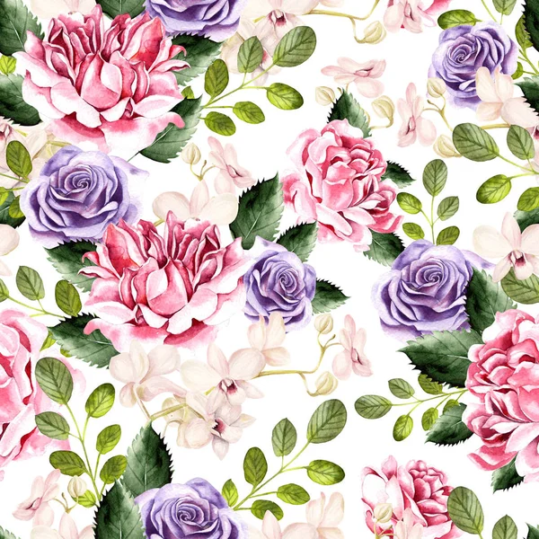 Watercolor pattern with green leaves, rose and orchids flowers.