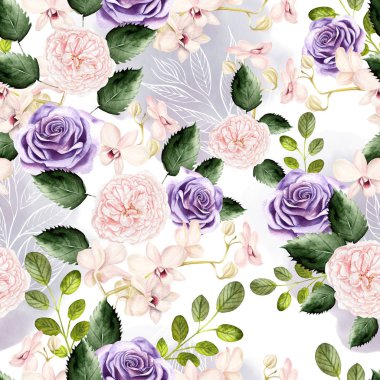 Sulu boya yeşil yaprakları, gül ve orkide çiçek desenle. 