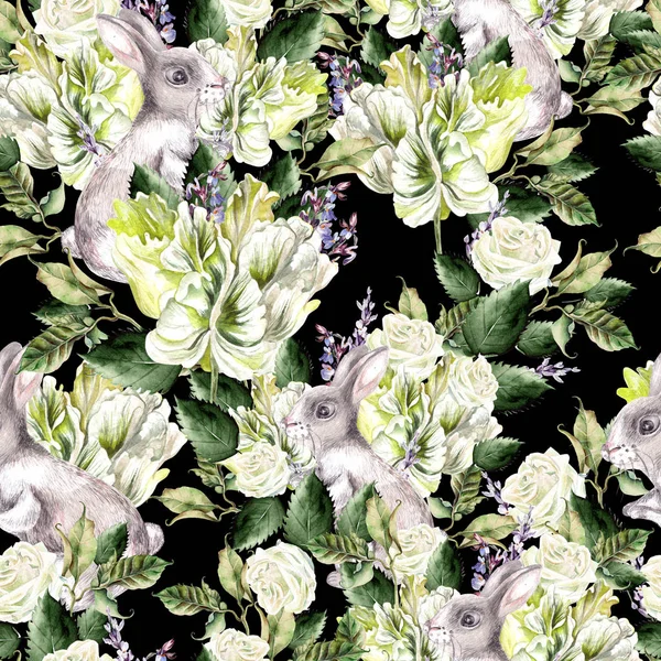 Aquarellmuster mit fanny banny, grünen Blättern, Lavendel- und Tulpenblüten. — Stockfoto