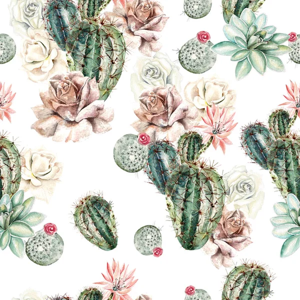 Patrón de acuarela con cactus y rosa. Ilustración — Foto de Stock