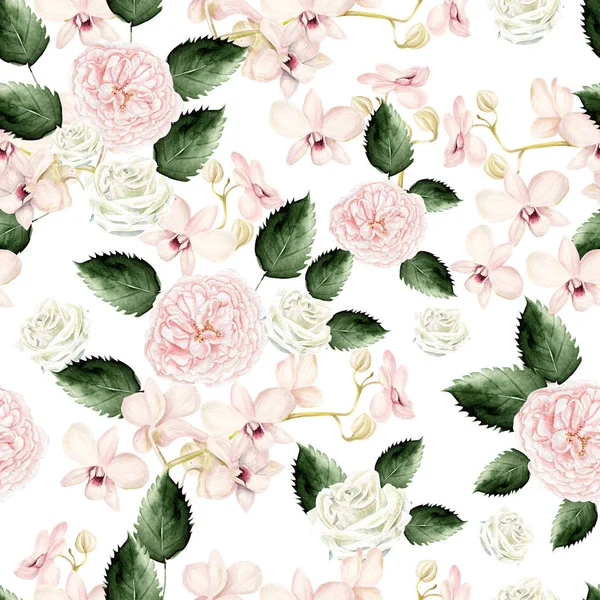 Watercolor pattern with green leaves, rose and orchids flowers. — Stock Photo, Image