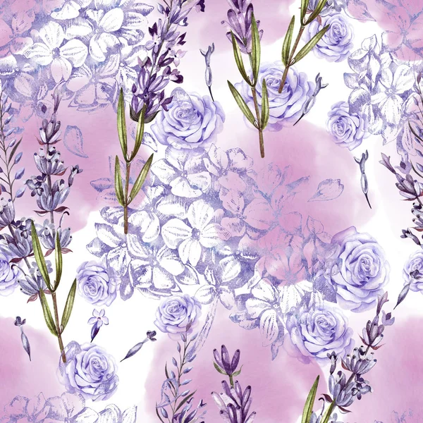 Schönes Aquarellmuster mit Rose, Lavendel, Hortensienblüten. — Stockfoto