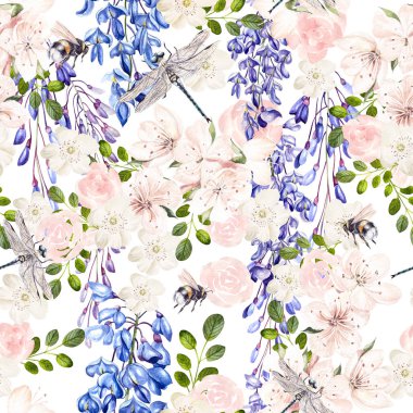 Wisteria ve bahar çiçekleri ile güzel suluboya desen. 