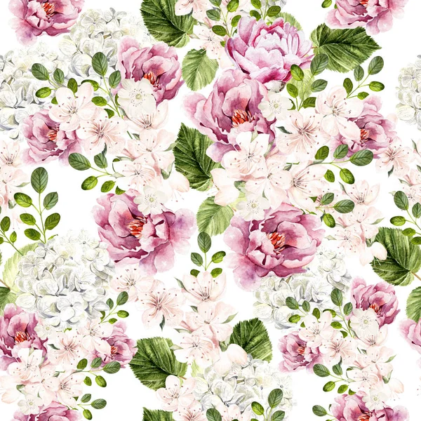 Schönes Aquarell mit hellem Muster mit Pfingstrose, Hortensie und Frühlingsblumen. — Stockfoto