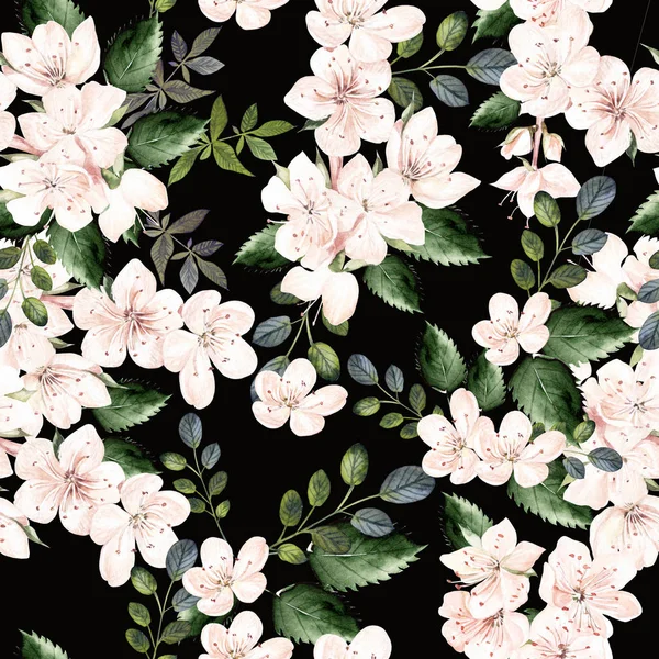 Aquarel patroon met Lentebloemen en groene bladeren. — Stockfoto