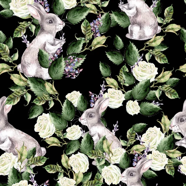 Aquarellmuster mit fanny banny, grünen Blättern und Lavendelblüten. — Stockfoto