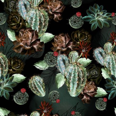 Kaktüs ve rose ile suluboya desen .