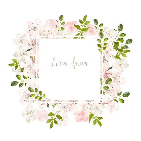 Piękny ślub akwarela karty z wiosną i róże kwiaty. — Zdjęcie stockowe