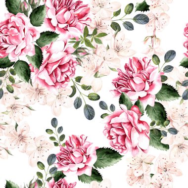 Bahar çiçeği, gül ve yeşil yaprakları ile suluboya desen. 