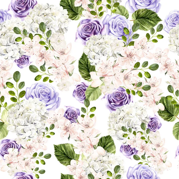 Beautiful watercolor bright pattern with roses, hudrangea and spring  flowers. — Stock Photo, Image