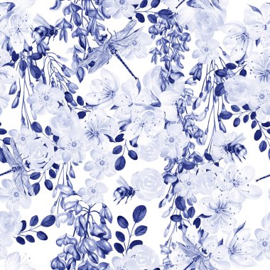 Wisteria ve bahar çiçekleri ile güzel suluboya desen. 